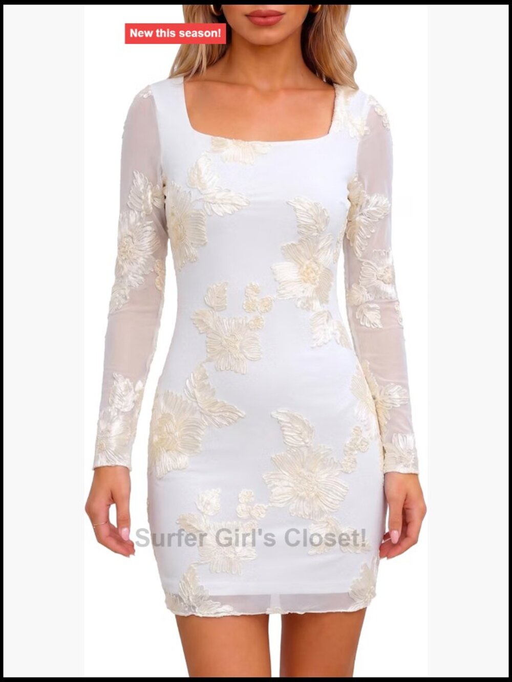 Embroidered Mesh Square Neck Mini Dress Night Out Party